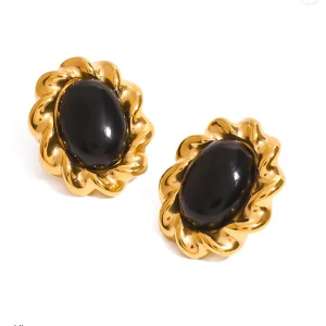 Vintage/Inspired Gold Twisted Ribbon Stud Earrings with Oval Black Stone