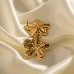 Golden Hibiscus Flower Stud Earrings