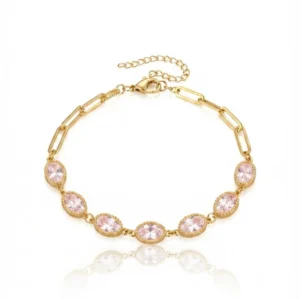 18K gold plated bracelet with pink oval crystal stones and link chain