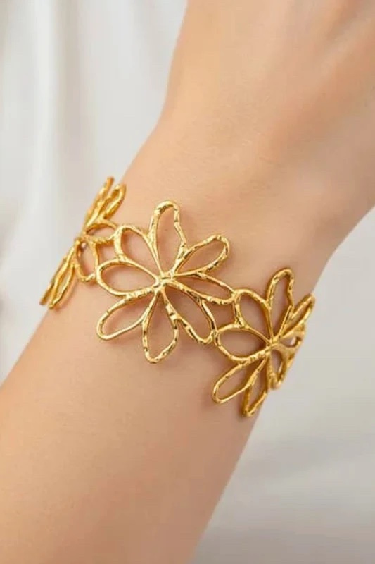 Golden Floral Openwork Cuff Bangle - Image 4