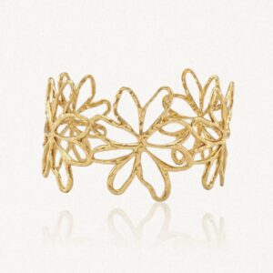 Gold floral cuff bangle with intricate openwork design